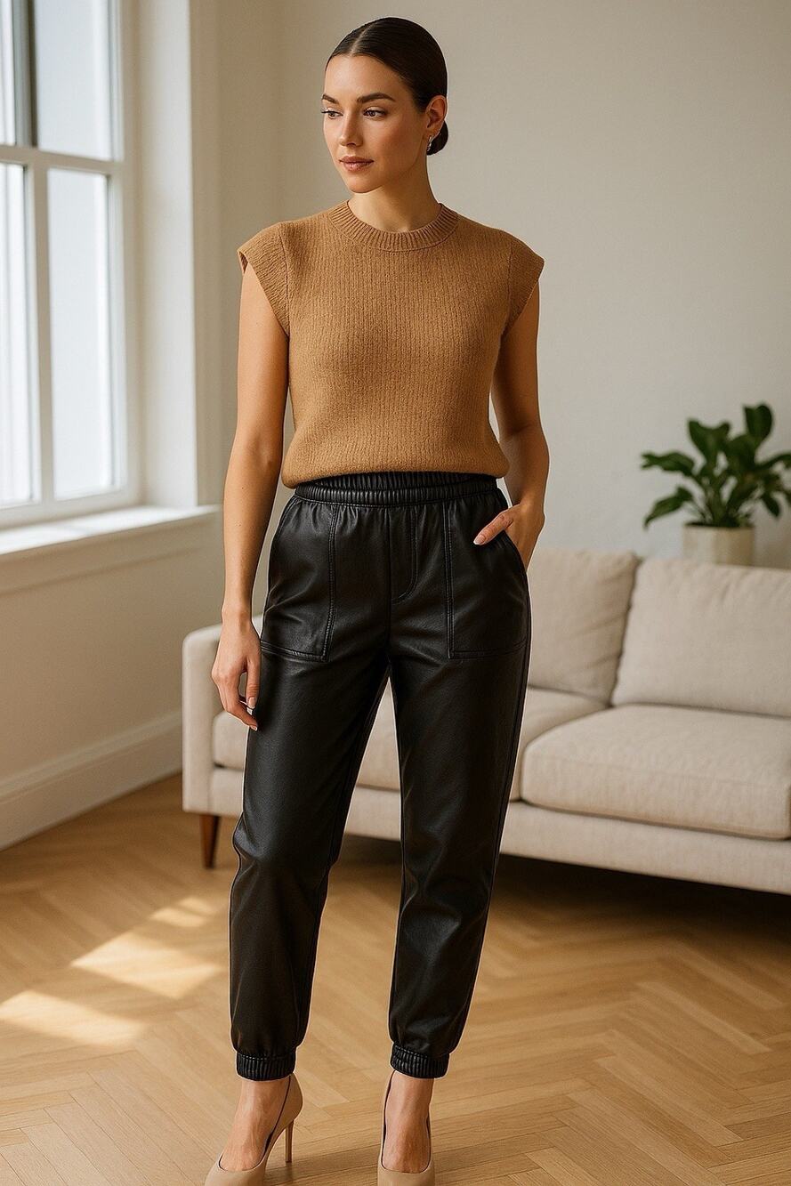 Spanx Leather-Like Jogger Pants — Large Black Pull-On, Edgy Casual Cool-Girl